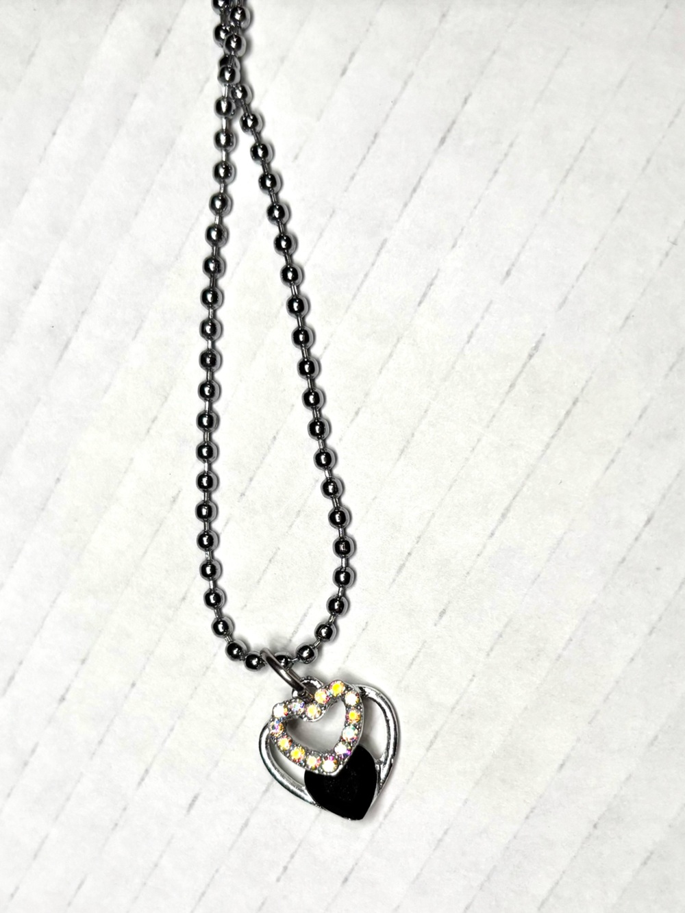 Black Enamel Heart Pendant Necklace with Crystal Accent - Women Jewelry